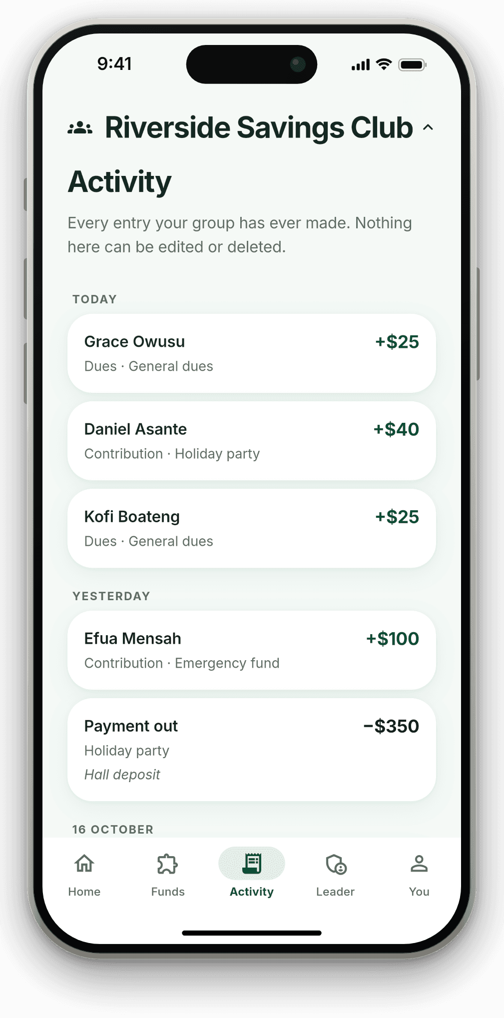 The Activity screen in the Fovar app: dues of $25 from two members and a $40 payment toward the holiday party, each with the member's name.