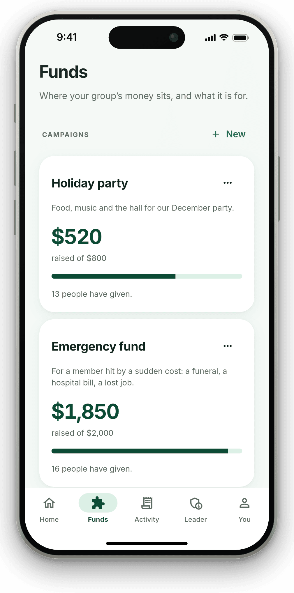 The Funds screen in the Fovar app: a Holiday party fund for food, music and the hall, with $520 of $800 paid by 13 people.